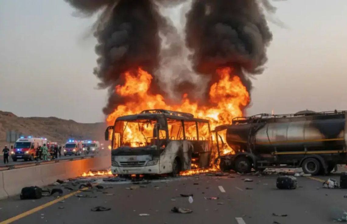 ސަޢުދީގައި އުމުރާވެރިން ދަތުރުކުރި ބަހަކާއި ތެޔޮ ޓޭންކަރެއް ޖެހި، 45 މީހުން މަރުވެއްޖެ